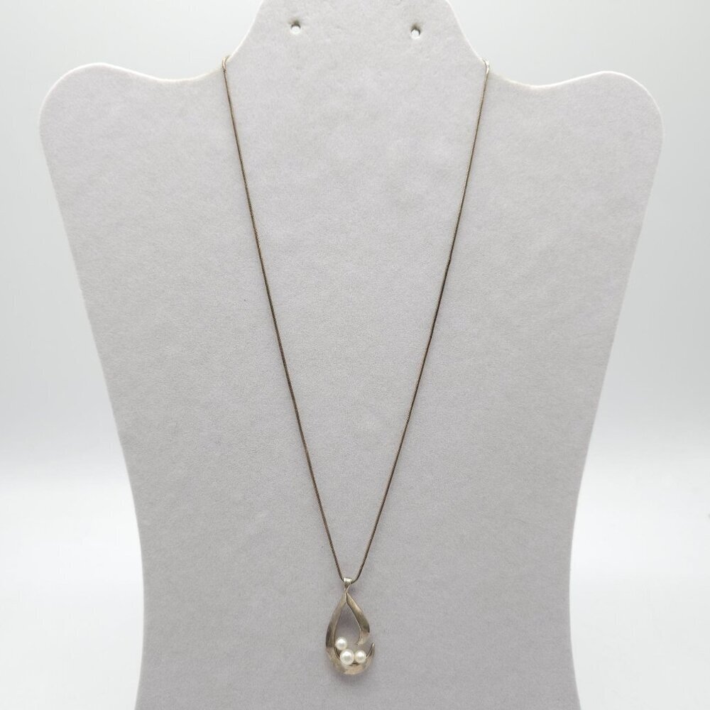 Vintage Sterling Silver Teardrop Necklace With Pearl Accents Snake Chain 18in